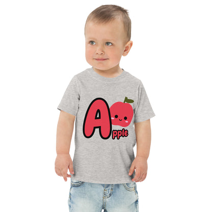 Child wearing a gray shirt designed with Apple image and text on white background