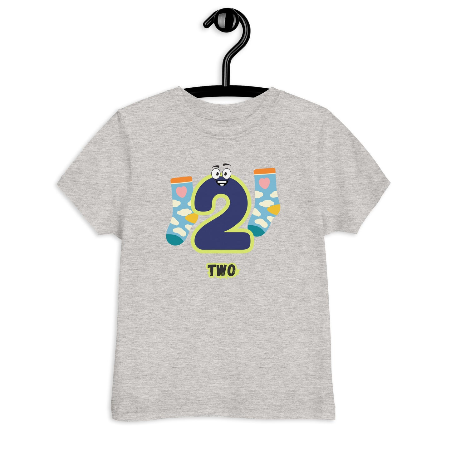 Heather Gray Kid's Shirt designed with number 2 and with a pair of socks in white background
