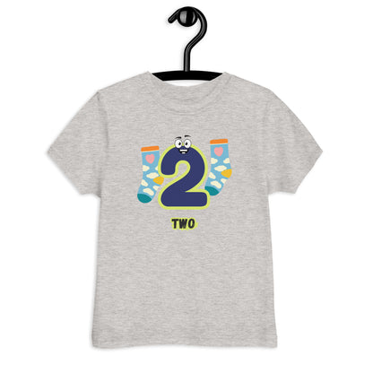 Heather Gray Kid's Shirt designed with number 2 and with a pair of socks in white background