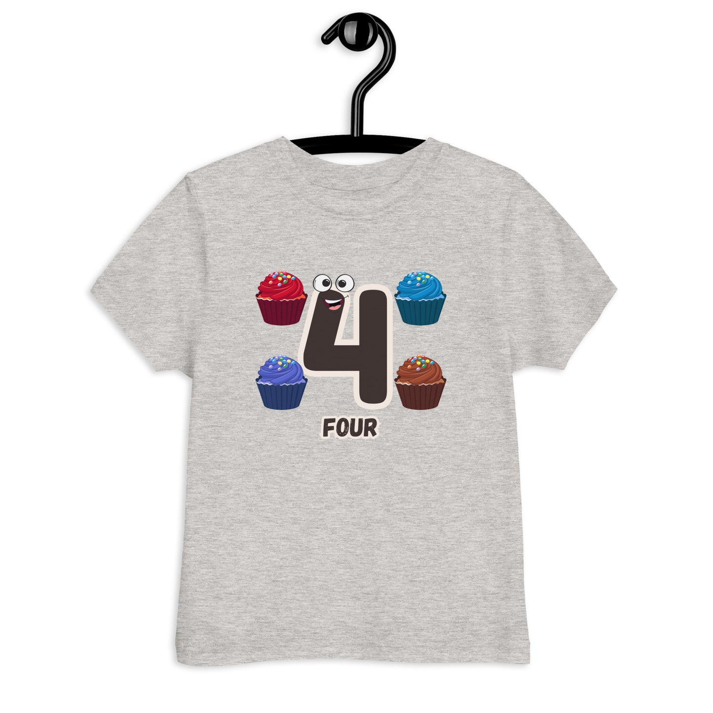Heather Gray Kid's Shirt designed with number 4 and with 4 cupcakes in white background