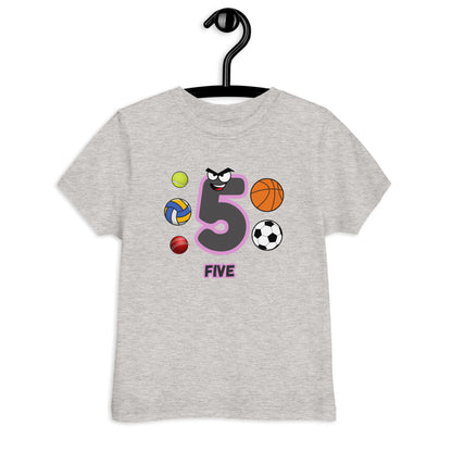 Heather Gray Kid's Shirt designed with number 5 and with 5 different kinds of balls in white background