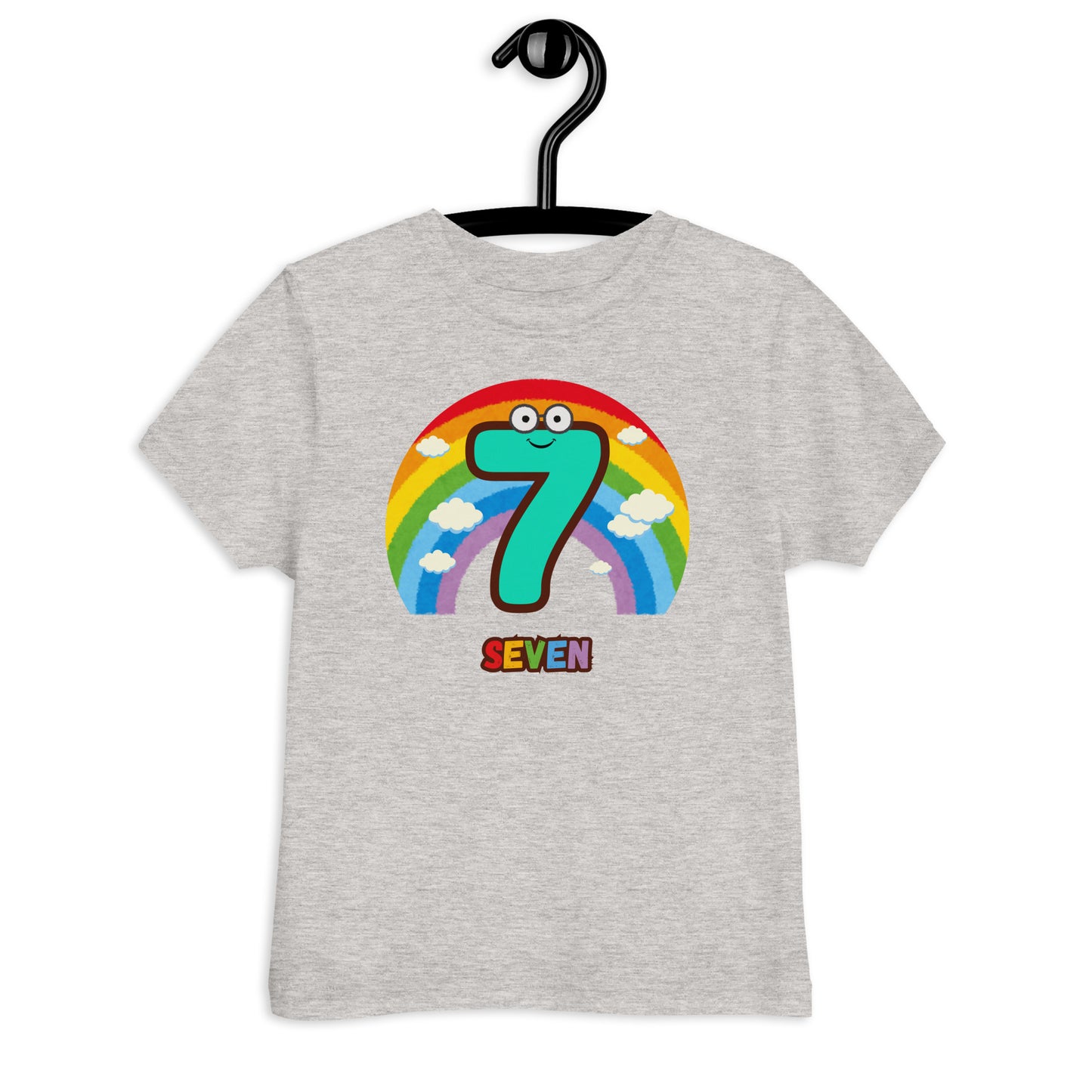 Heather Gray Kid's Shirt designed with number 7 and a rainbow in room with clouds background 
