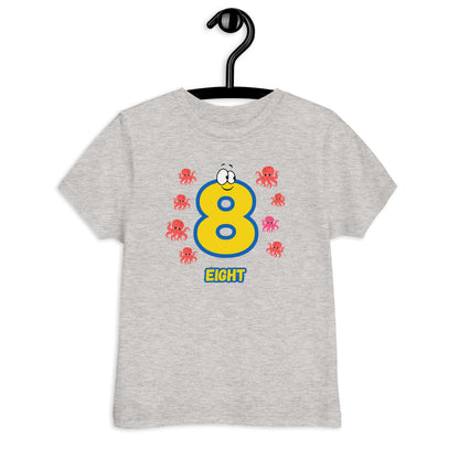 Heather Gray Kid's Shirt designed with number 8 with 8 octopuses in white background