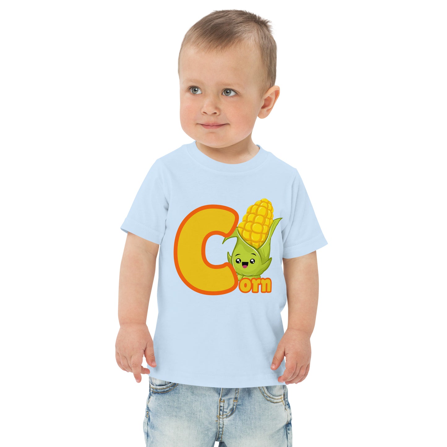 Child wearing a light blue shirt designed with Corn image and text on white background