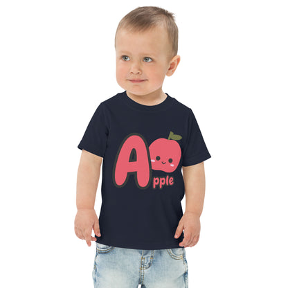 Child wearing a navy blue shirt designed with Apple image and text on white background