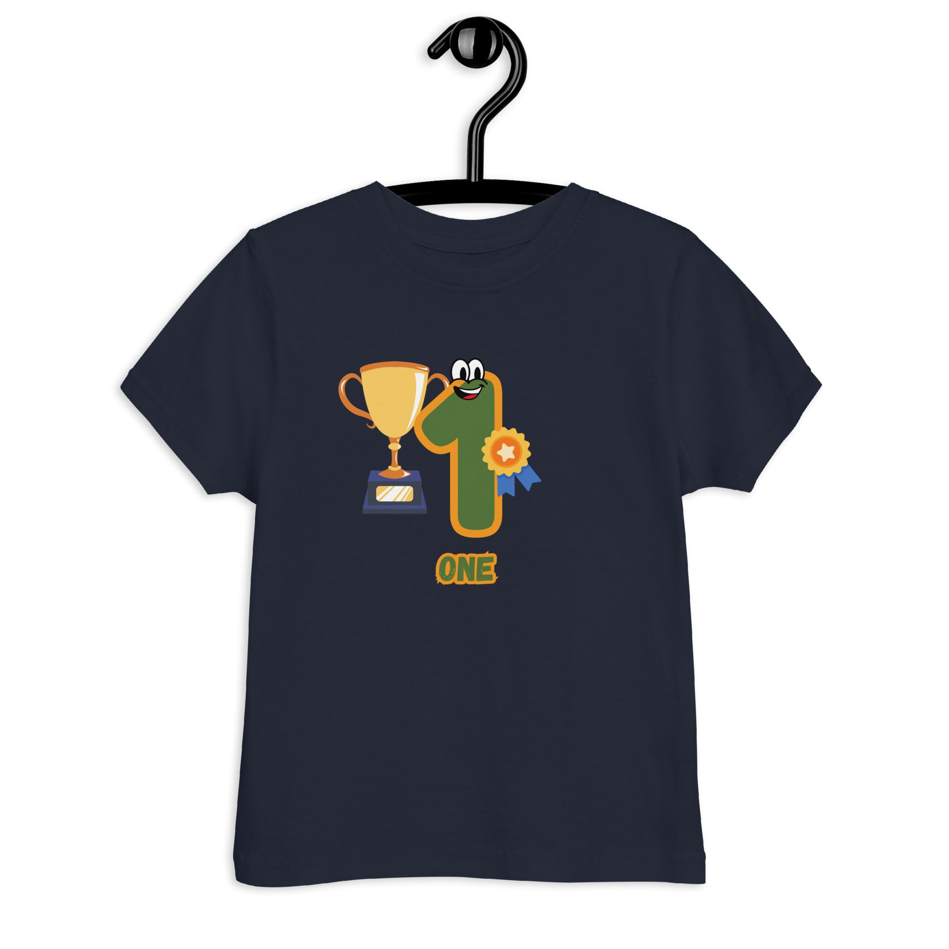 Navy Blue Kid's Shirt designed with number 1 and with a trophy in white background