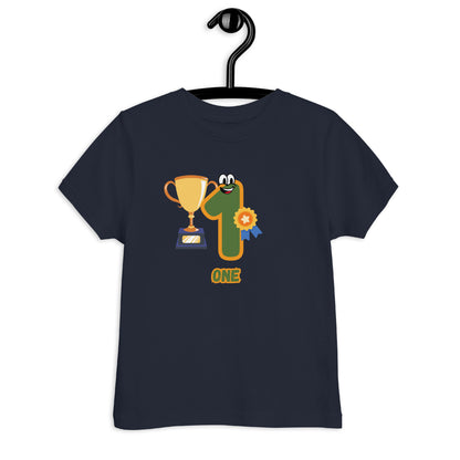 Navy Blue Kid's Shirt designed with number 1 and with a trophy in white background