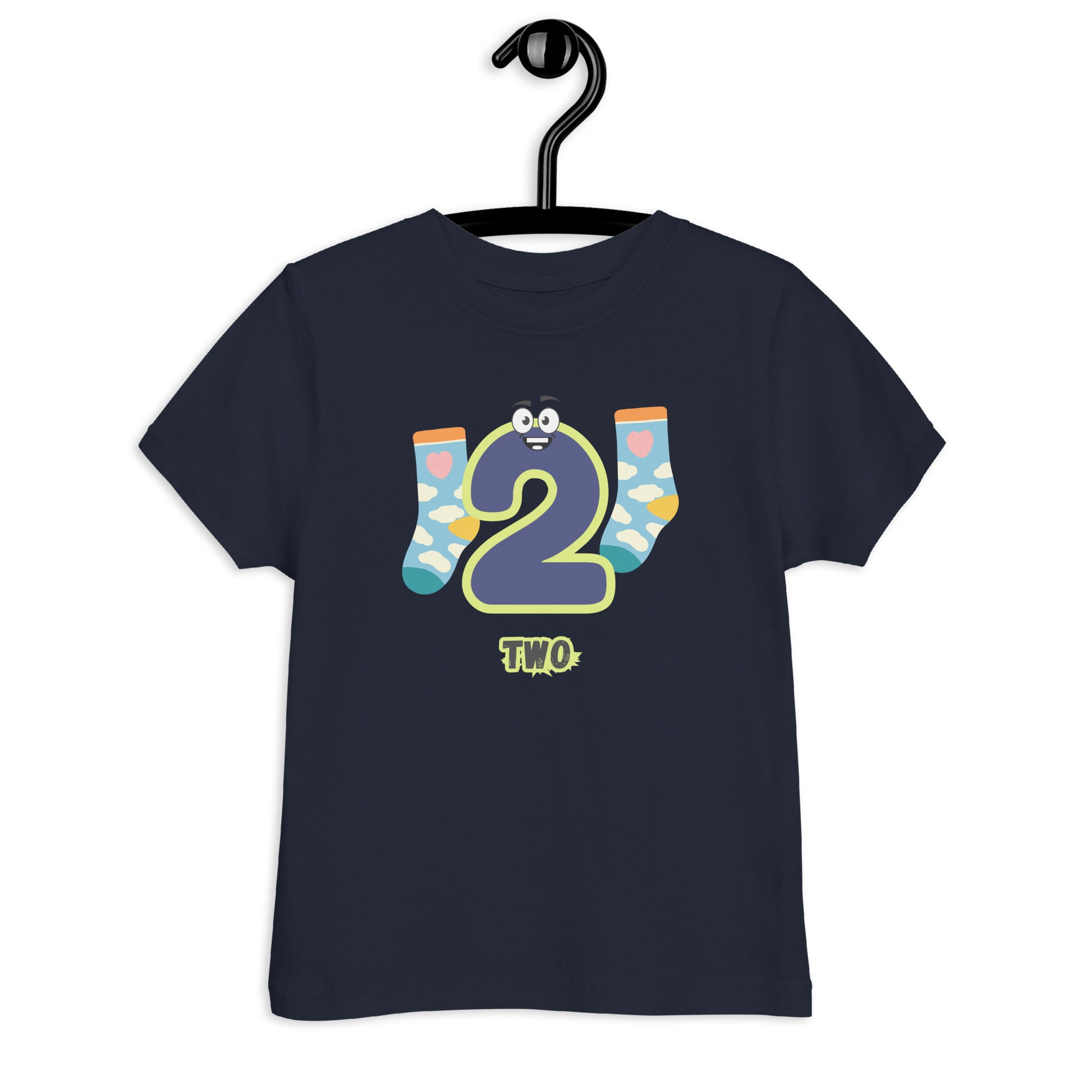 Navy Blue Kid's Shirt designed with number 2 and with a pair of socks in white background