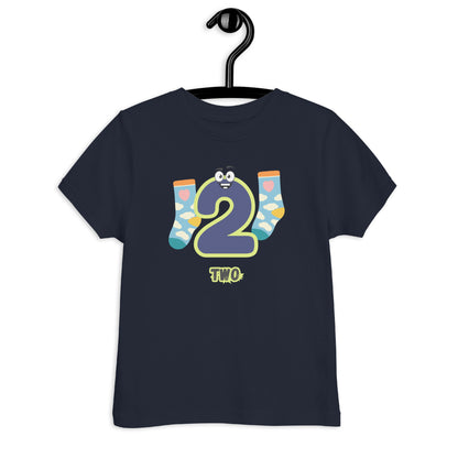 Navy Blue Kid's Shirt designed with number 2 and with a pair of socks in white background