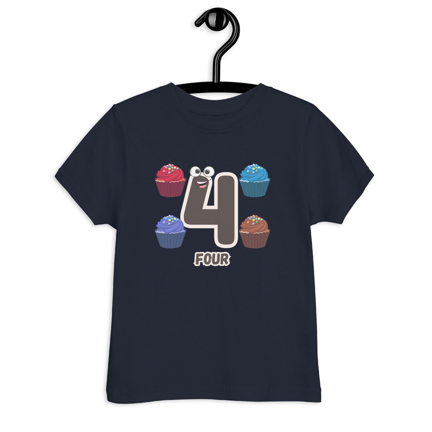 Navy Blue Kid's Shirt designed with number 4 and with 4 cupcakes in white background