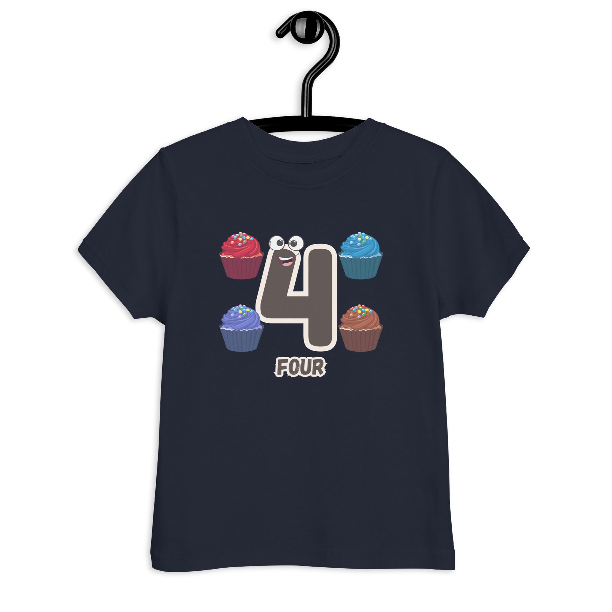 Navy Blue Kid's Shirt designed with number 4 and with 4 cupcakes in white background