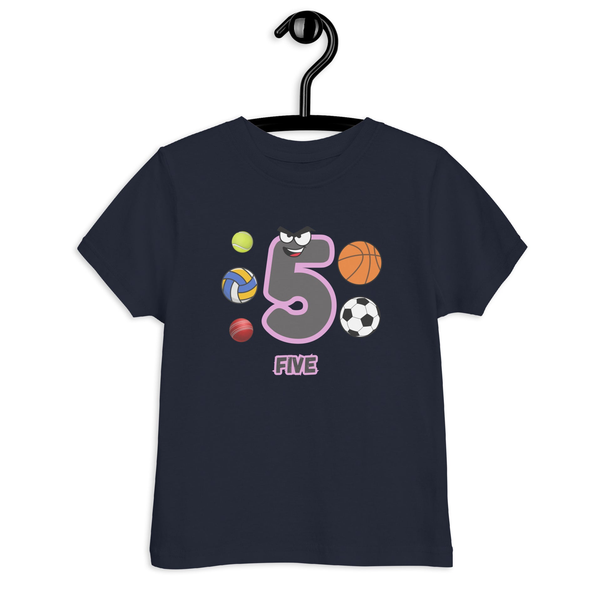 Navy Blue Kid's Shirt designed with number 5 and with 5 different kinds of balls in white background