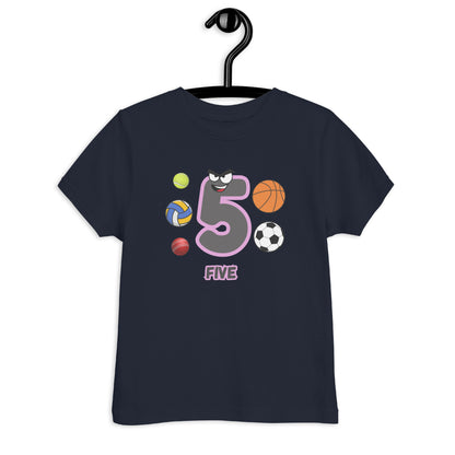 Navy Blue Kid's Shirt designed with number 5 and with 5 different kinds of balls in white background