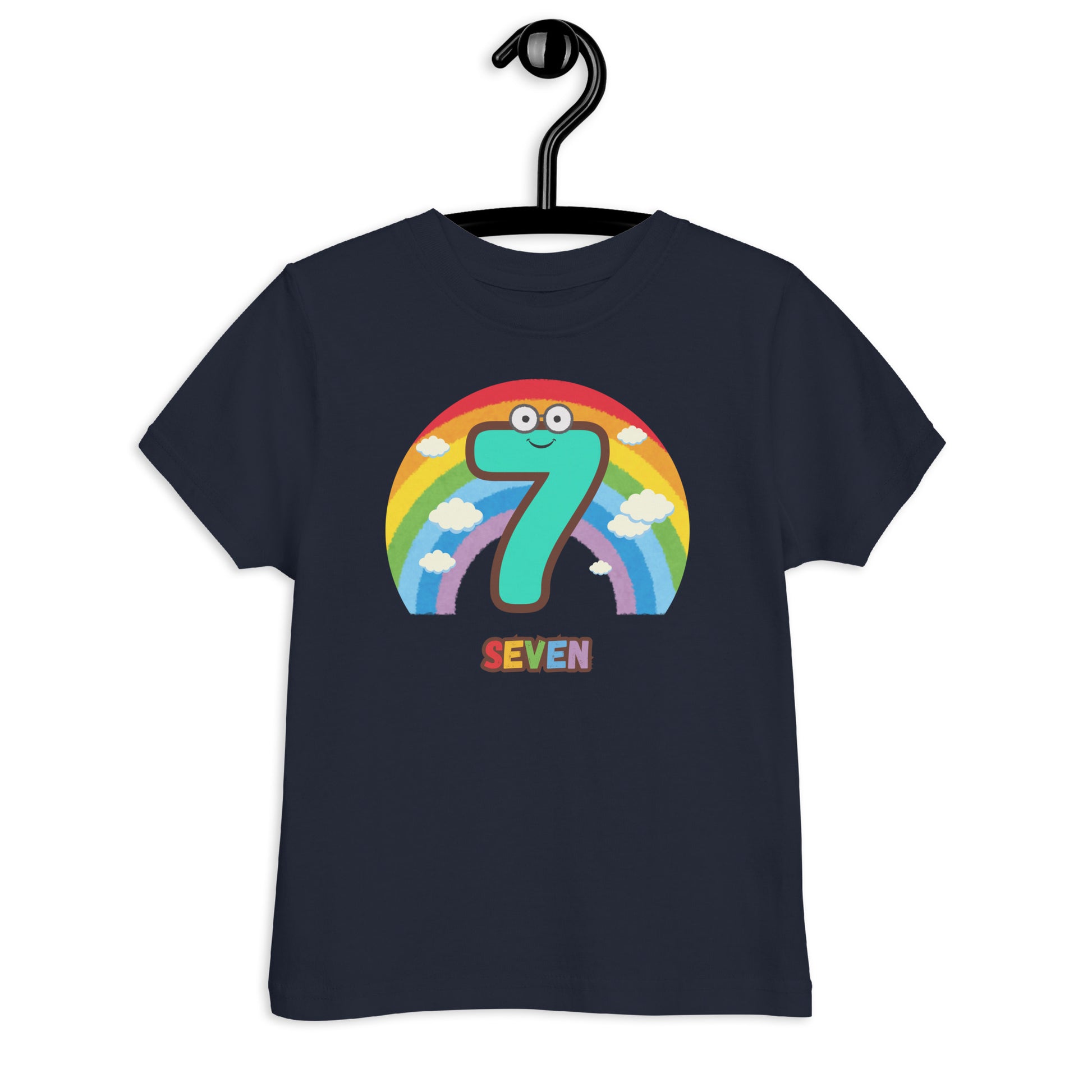 Navy Blue Kid's Shirt designed with number 7 and a rainbow in white background