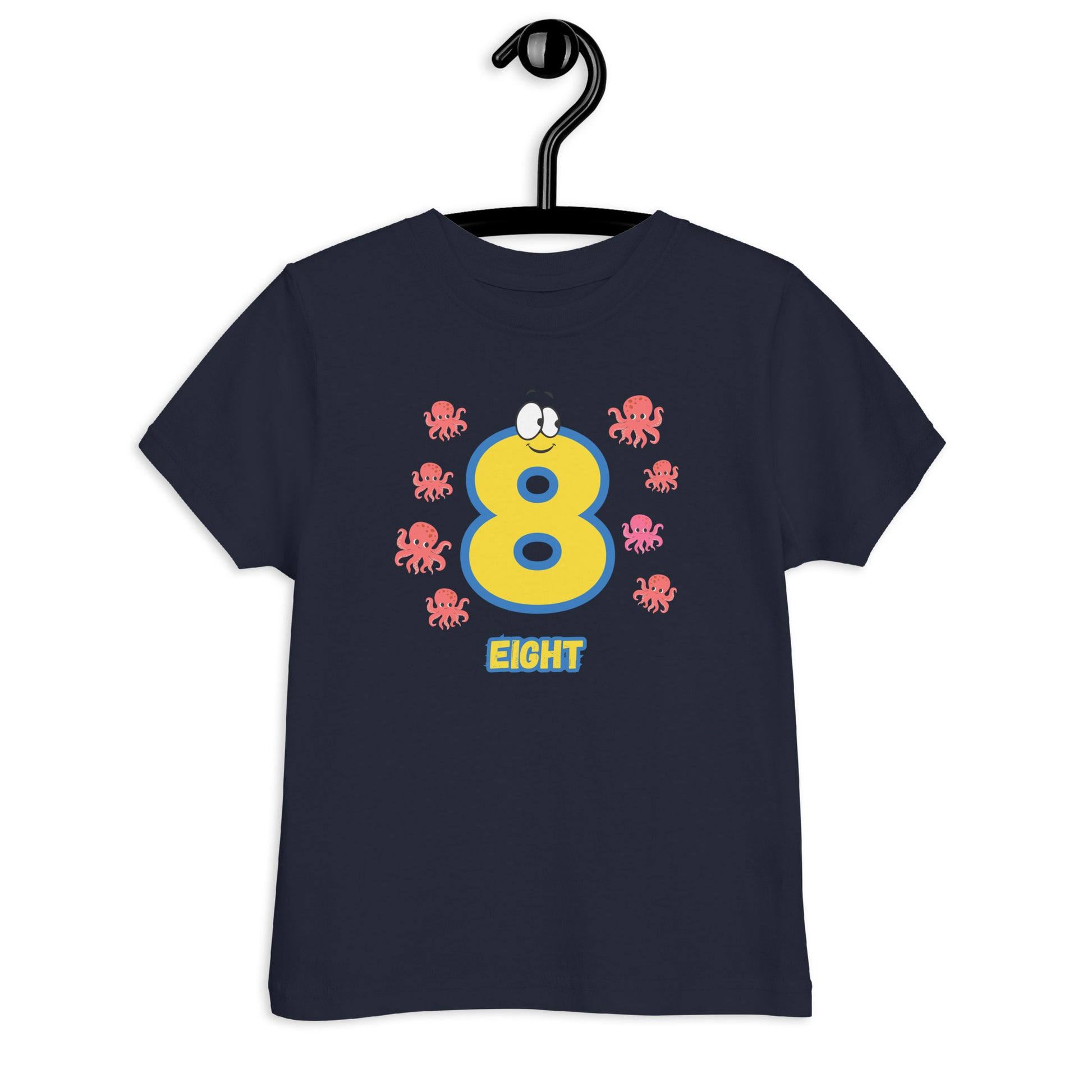 Navy Blue Kid's Shirt designed with number 8 with 8 octopuses in white background