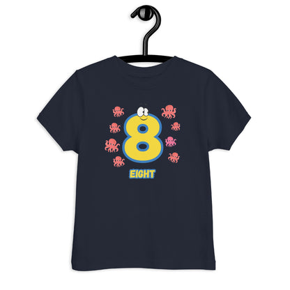 Navy Blue Kid's Shirt designed with number 8 with 8 octopuses in white background