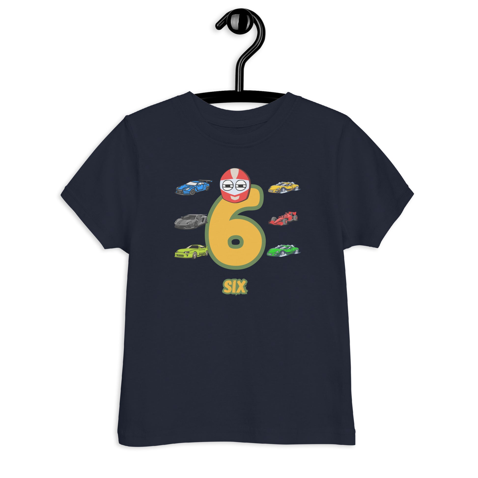 Navy Blue Kid's Shirt designed with number 6 and with 6 race cars in white background