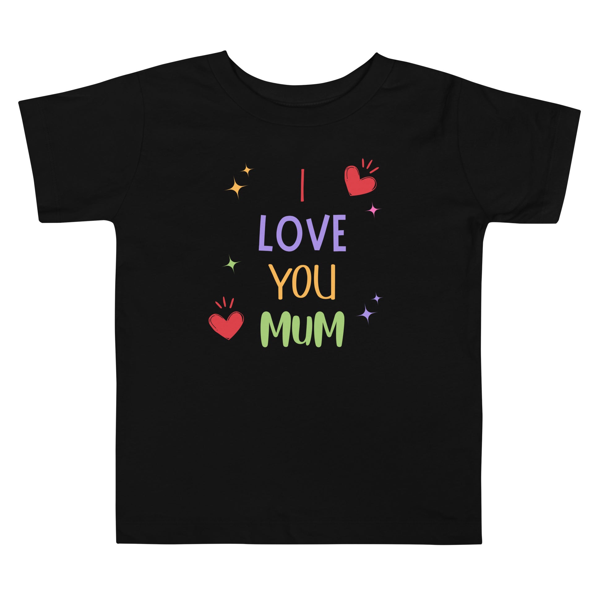 Toddler black t-shirt with 'I Love You Mum' statement design on white background