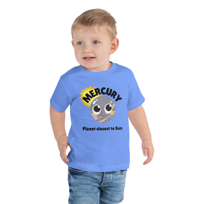 Child wearing a blue t-shirt with bold 'Mercury' text, Mercury graphic, and 'Planet closest to Sun' subtext on a transparent background