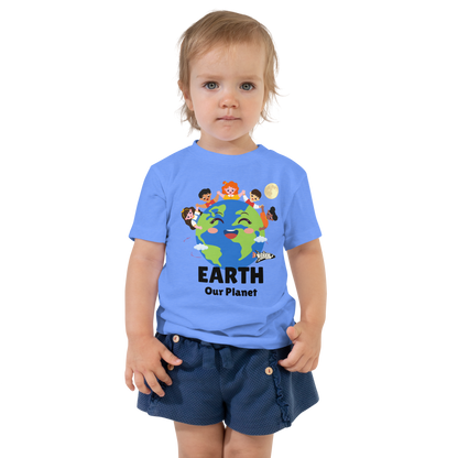 Child wearing a blue t-shirt with bold 'Earth' text, Earth graphic, and 'Our Planet' subtext on a transparent background
