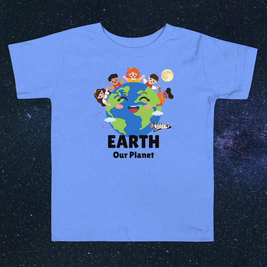 Toddler blue t-shirt with bold 'Earth' text, Earth graphic, and 'Our Planet' subtext on a space-themed background.
