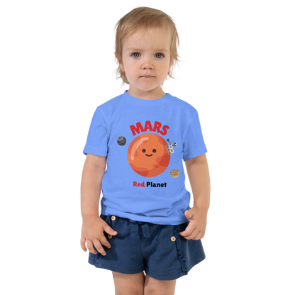 Child wearing a blue t-shirt with bold 'Mars' text, Mars graphic, and 'Red Planet' subtext on a transparent background