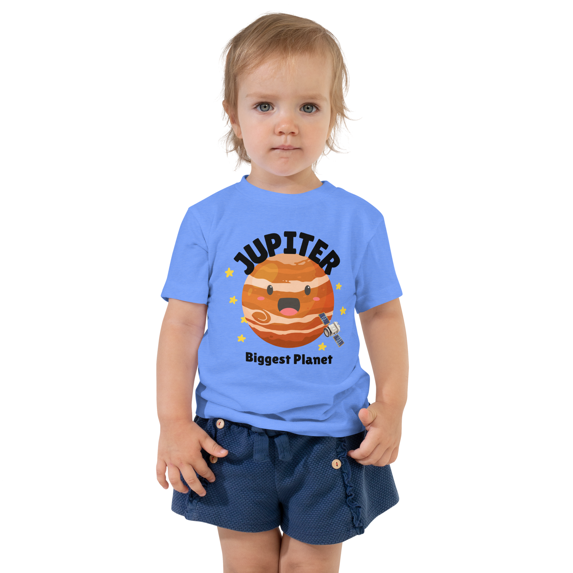 Child wearing a blue t-shirt with bold 'Jupiter' text, Jupiter graphic, and 'Biggest Planet' subtext on a transparent background