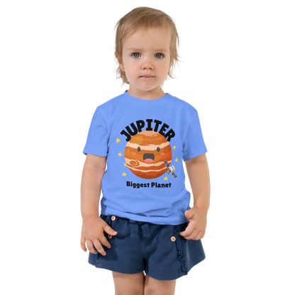 Child wearing a blue t-shirt with bold 'Jupiter' text, Jupiter graphic, and 'Biggest Planet' subtext on a transparent background