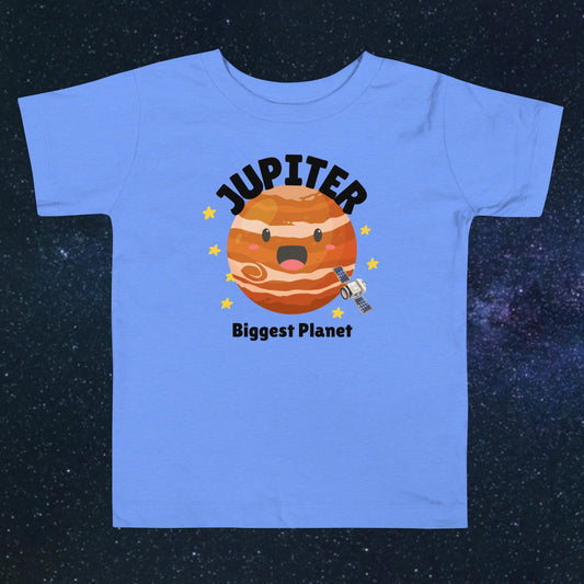 Toddler blue t-shirt with bold 'Jupiter' text, Jupiter graphic, and 'Biggest Planet' subtext on a space-themed background.