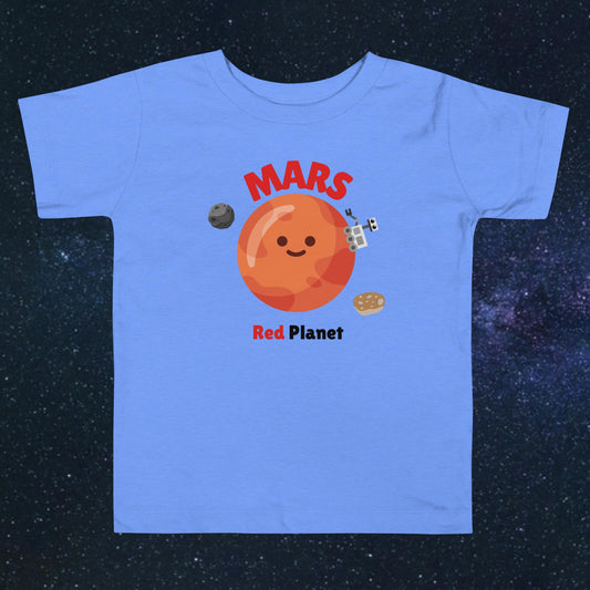 Toddler blue t-shirt with bold 'Mars' text, Mars graphic, and 'Red Planet' subtext on a space-themed background.