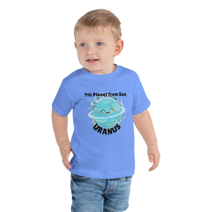 Child wearing a blue t-shirt with bold 'Uranus' text, Uranus graphic, and '7th Planet from Sun' subtext on a transparent background