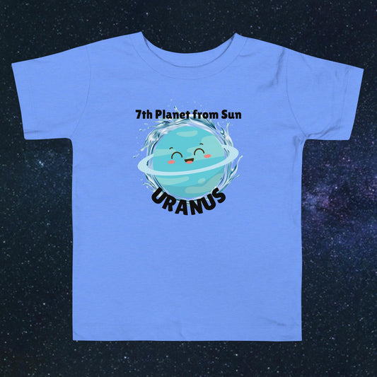 Toddler blue t-shirt with bold 'Uranus' text, Uranus graphic, and '7th Planet from Sun' subtext on a space-themed background
