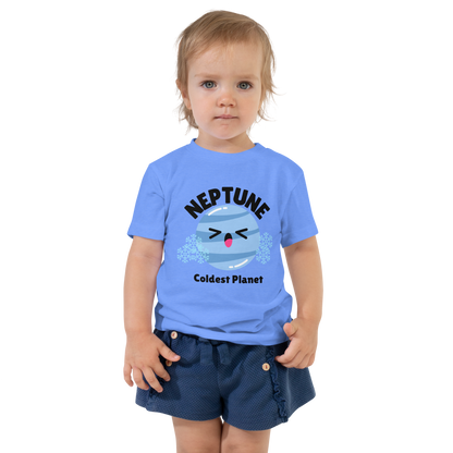 Child wearing a blue t-shirt with bold 'Neptune' text, Neptune graphic, and 'Coldest Planet' subtext on a transparent background