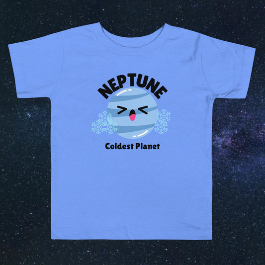Toddler blue t-shirt with bold 'Neptune' text, Neptune graphic, and 'Coldest Planet' subtext on a space-themed background