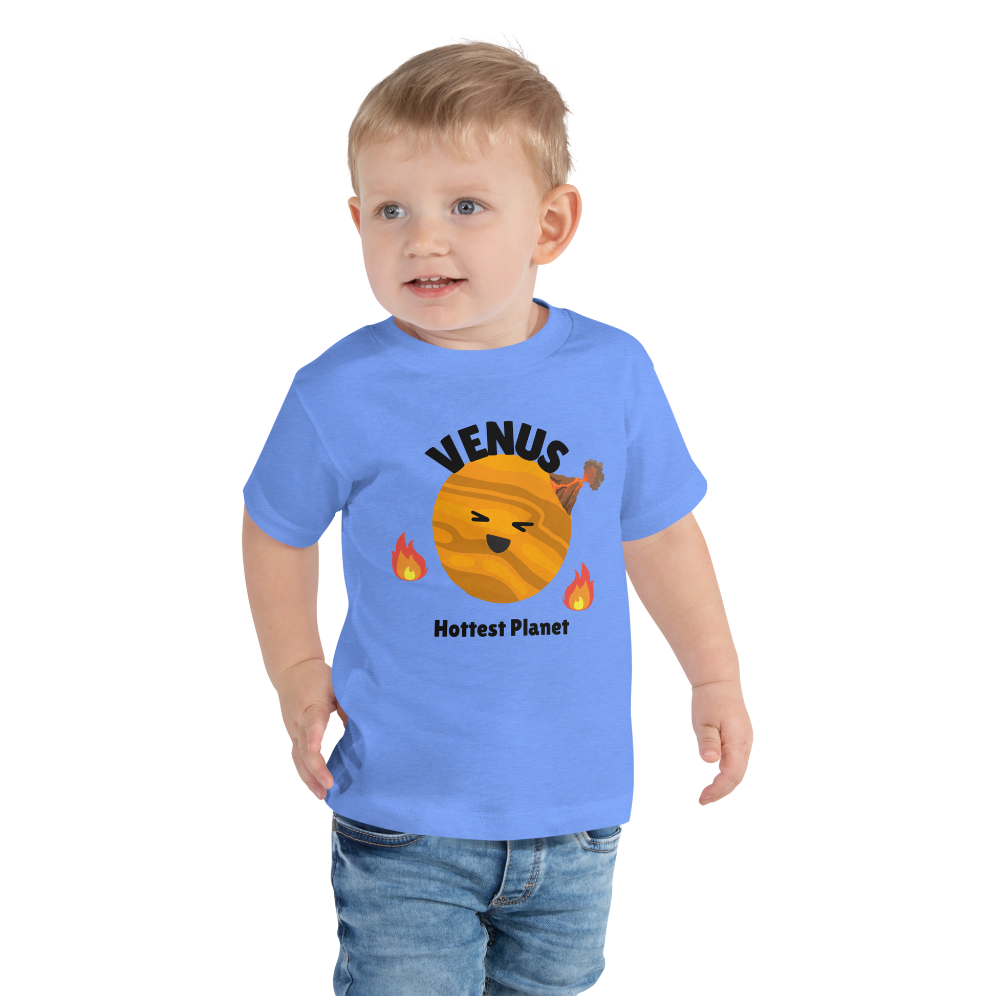 Child wearing a blue t-shirt with bold 'Venus' text, Venus graphic, and 'Hottest Planet' subtext on a transparent background