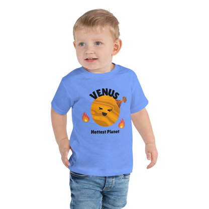 Child wearing a blue t-shirt with bold 'Venus' text, Venus graphic, and 'Hottest Planet' subtext on a transparent background