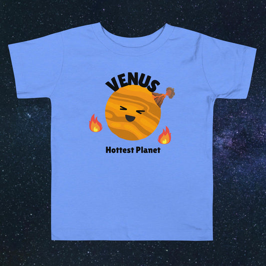 Toddler blue t-shirt with bold 'Venus' text, Venus graphic, and 'Hottest Planet' subtext on a space-themed background