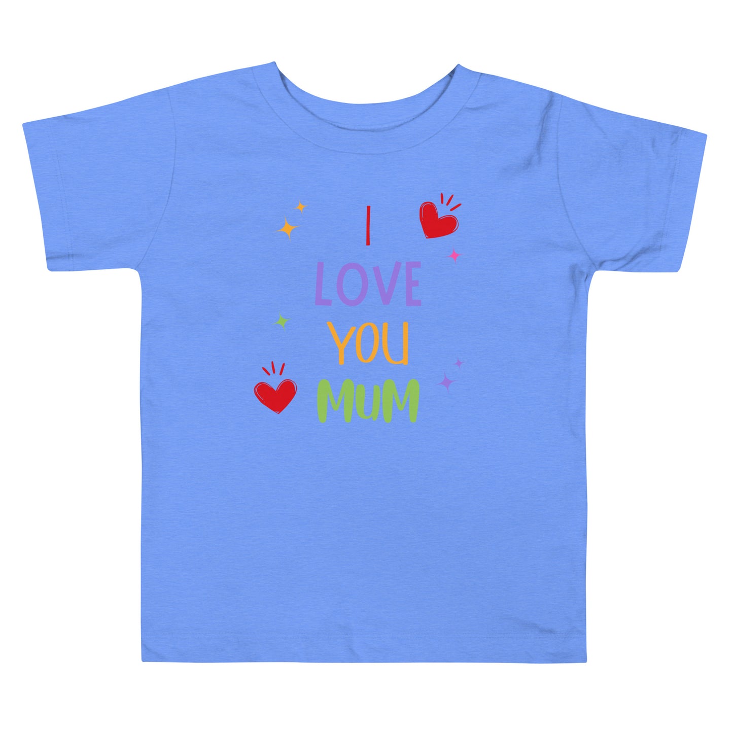Toddler blue t-shirt with 'I Love You Mum' statement design on white background