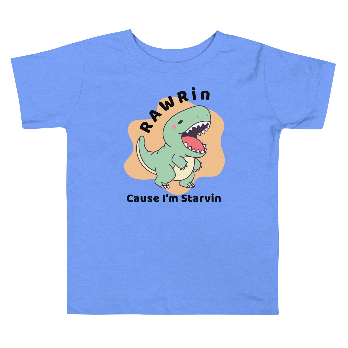 Blue Toddler t-shirt with cartoon T-Rex and "Rawrin' Cause I'm Starvin'" text on white background, perfect for dinosaur-loving kids