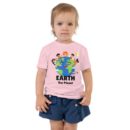 Child wearing a pink t-shirt with bold 'Earth' text, Earth graphic, and 'Our Planet' subtext on a transparent background