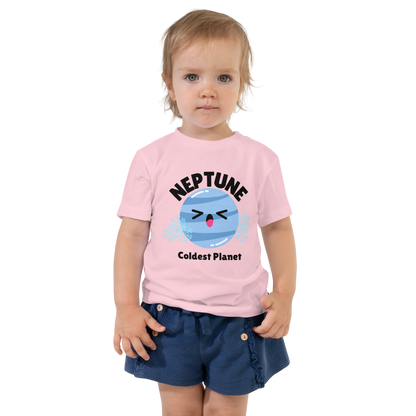 Child wearing a pink t-shirt with bold 'Neptune' text, Neptune graphic, and 'Coldest Planet' subtext on a transparent background