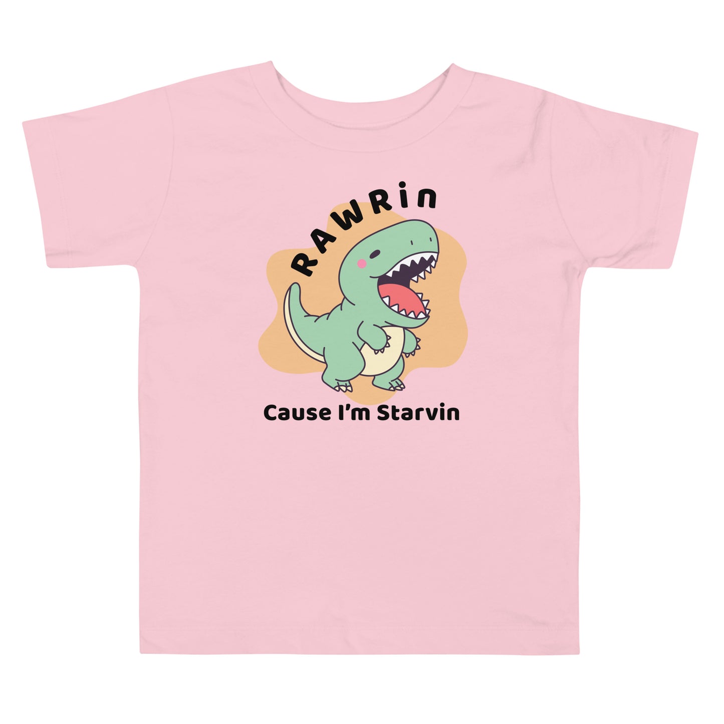 Pink Toddler t-shirt with cartoon T-Rex and "Rawrin' Cause I'm Starvin'" text on white background, perfect for dinosaur-loving kids