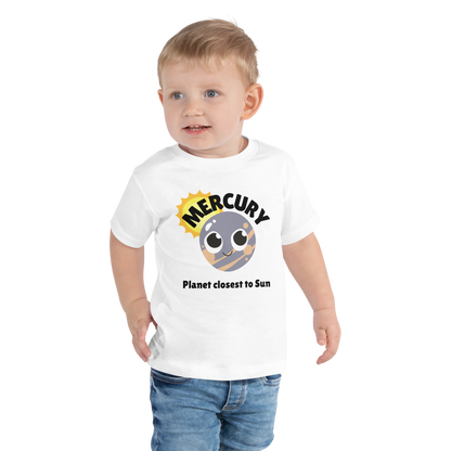 Child wearing a white t-shirt with bold 'Mercury' text, Mercury graphic, and 'Planet closest to Sun' subtext on a transparent background