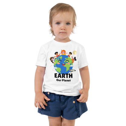 Child wearing a white t-shirt with bold 'Earth' text, Earth graphic, and 'Our Planet' subtext on a transparent background