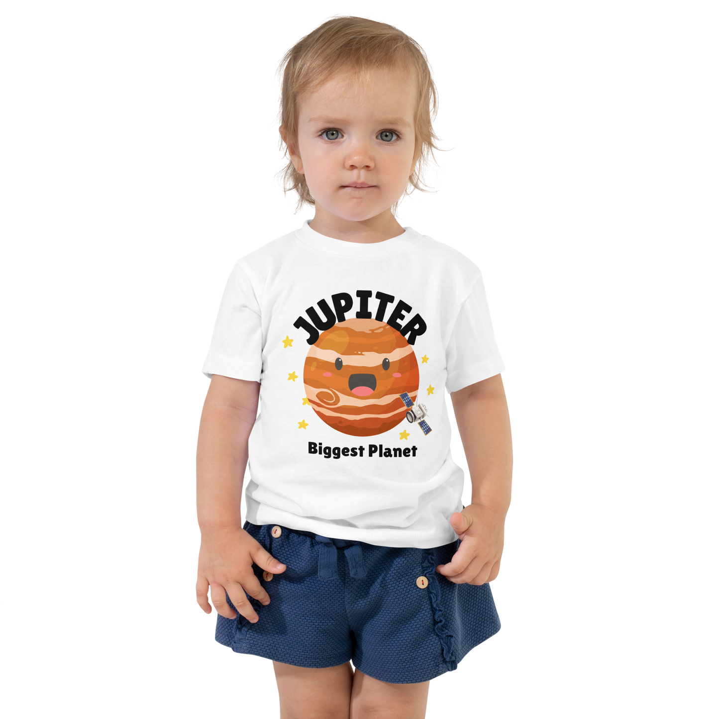 Child wearing a white t-shirt with bold 'Jupiter' text, Jupiter graphic, and 'Biggest Planet' subtext on a transparent background