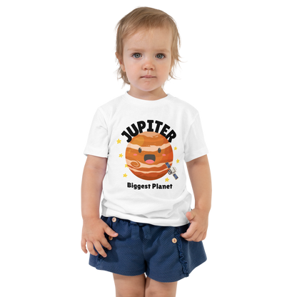 Child wearing a white t-shirt with bold 'Jupiter' text, Jupiter graphic, and 'Biggest Planet' subtext on a transparent background