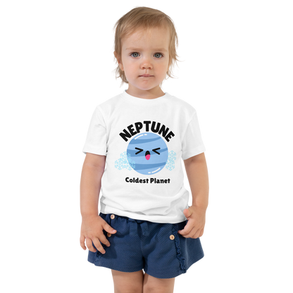 Child wearing a white t-shirt with bold 'Neptune' text, Neptune graphic, and 'Coldest Planet' subtext on a transparent background
