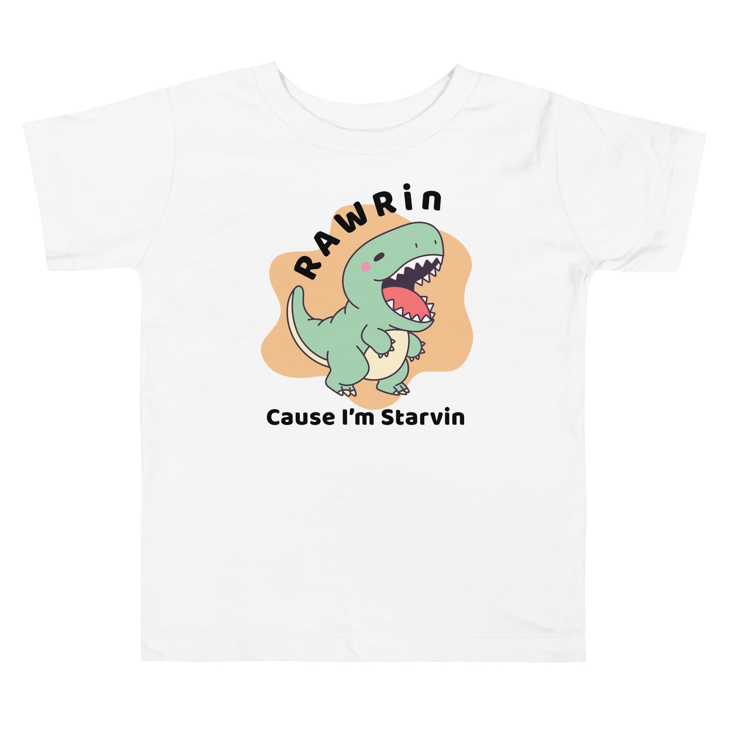 White Toddler t-shirt with cartoon T-Rex and "Rawrin' Cause I'm Starvin'" text on white background, perfect for dinosaur-loving kids